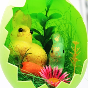 Close-up of Easter bunnies in a green eggshell with golden spots and vibrant carrots