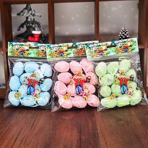 Detailed view of colorful foam Easter eggs with glitter and hanging ribbons in 3-pack sets