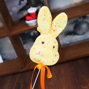 Sparkling yellow foam Easter bunny pick with colorful sequins and orange satin bow tie