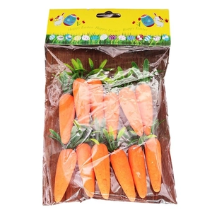 Pack of 12 foam Easter carrots with green leaves on a rustic wooden background