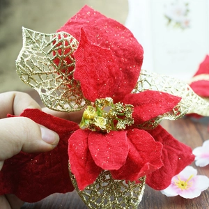 Red velvet Christmas poinsettia flower with gold glitter edges for Xmas tree decor