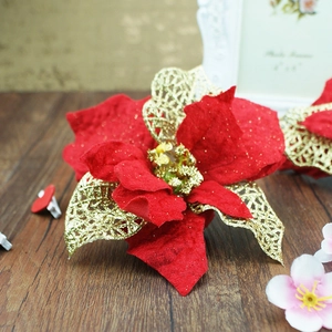 21cm red velvet Christmas flower with gold sequins and hollow petals for tree decor