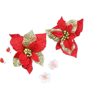 Red velvet poinsettia Christmas flowers with gold glitter and sequins for tree decoration