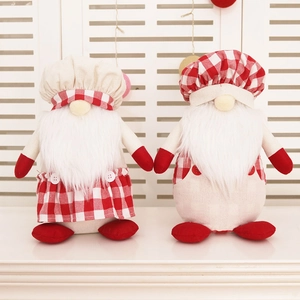Décoration en Peluche Gnome Chef de Noël Fait Main Plaid Rouge Poupée de Père Noël Sans Visage Ornement de Table pour Maison Cuisine