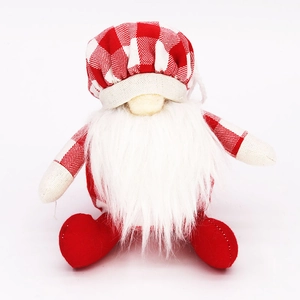 Gnome de Noël en peluche avec bonnet à carreaux rouges et longue barbe blanche