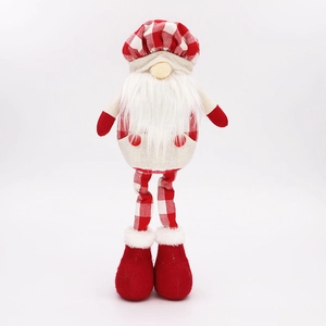 Standing Christmas faceless gnome plush decoration with red gingham hat and long beard