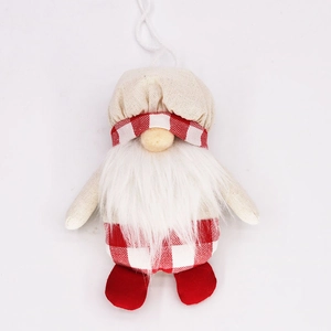 Handmade Christmas gnome plush ornament with red plaid pattern and long white beard for tree