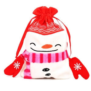 Detail of plush Christmas snowman drawstring bag with red scarf and snowflake embroidery