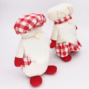 Detailed view of chef gnomes with red plaid hats and dense white faux fur beards