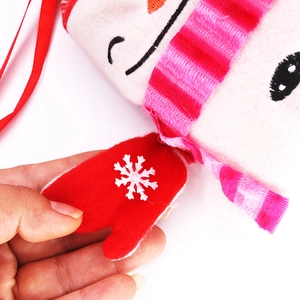 Christmas snowman gift bag with red snowflake glove detail and pink striped scarf