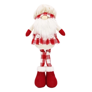 Plush Christmas gnome doll with red plaid hat and white beard standing on white background