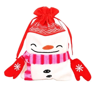 Cute snowman-shaped Christmas drawstring gift bag with red gloves and striped scarf