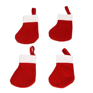 Set of four mini red and white Christmas stocking decorations with hanging loops