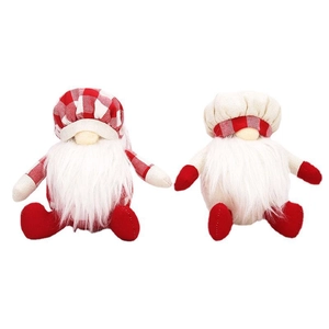Lot de 2 gnomes de Noël chefs avec longues barbes en peluche et tenues rouge et blanc