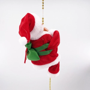 Animated climbing Santa Claus on gold bead chain with green gift bag and plush red suit
