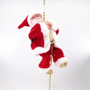 Close-up of animated Santa Claus climbing gold bead chain with green backpack