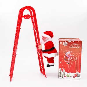 Père Noël électrique grimpant sur une échelle rouge avec boîte cadeau colorée
