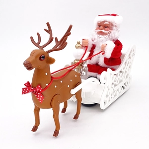 Electric Santa Claus on white sleigh with brown reindeer Christmas decor toy