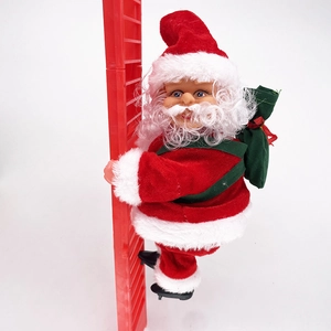 Detail view of electric climbing Santa Claus toy on red ladder with gift sack