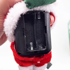Detail of the battery compartment on the back of the musical Santa Claus plush toy