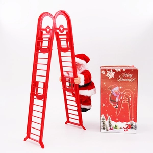 Père Noël électrique grimpant en musique avec échelle rouge et boîte cadeau festive