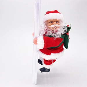 Electric climbing Santa Claus on white ladder with green gift bag festive decoration