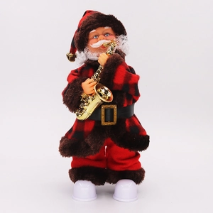 Animated musical Santa Claus with saxophone in red plaid coat for Christmas desk decor