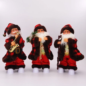 Electric Musical LED Christmas Santa Claus Figure with Red Black Plaid Fabric PVC Desktop Ornament For Holiday Party