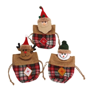 Three-pack Christmas red plaid drawstring gift bags featuring Santa, Reindeer, and Snowman