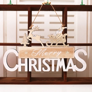 Wooden Merry Christmas Sign For Door Hanging Decoration Santa Claus Reindeer Sleigh Pattern Wood Plaque Ornament For Party