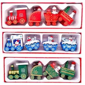 Wooden Christmas train set with Santa, snowman and trees in red, blue and green colors