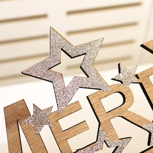 Wooden Merry Christmas tabletop ornament with silver glitter stars and festive design