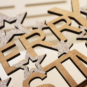 3D wooden Merry Christmas tabletop decoration with silver glitter star and laser cut finish