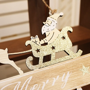 Christmas wooden hanging sign featuring Santa sleigh with gold glitter and Merry text