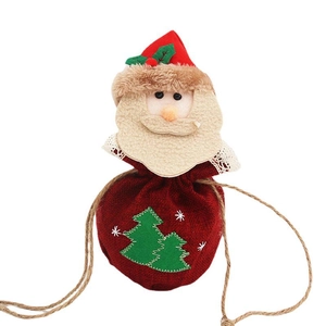 Linen Christmas gift bag featuring 3D Santa Claus and drawstring, 15x18cm festive design