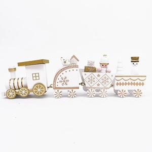 Detail of wooden Christmas train with polar bear and snowmen figures in white and gold