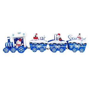 Blue and white wooden Christmas train decor with Let It Snow text and winter figures