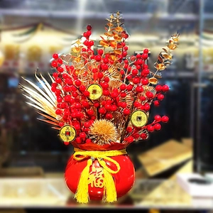 Chinese New Year Artificial Red Berries Fortune Bucket Lucky Bag Decoration Golden Leaves For Spring Festival Home Decor