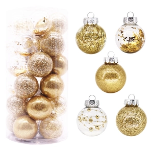 Detail of 30pcs gold Christmas balls with glitter, sequins and beads in transparent box