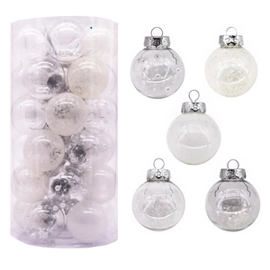 Macro detail of 6cm white and silver Christmas ball ornaments with beads and glitter finish