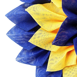 Blue and yellow sunflower wreath made of mesh fabric for Ukrainian themed front door decor