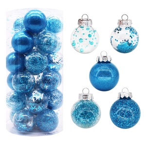 30-piece blue Christmas ball set with glitter and sequins in transparent packaging