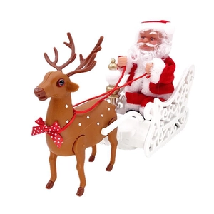 Electric musical Santa Claus riding a reindeer sleigh Christmas decoration toy on white