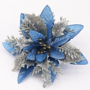 Deep blue and silver artificial poinsettia flower with glitter for Christmas tree decor