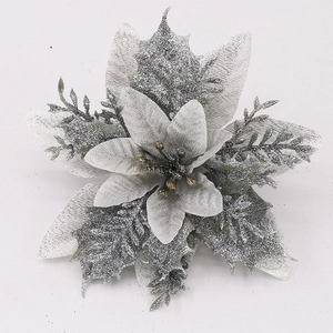 Sparkling silver artificial Poinsettia flower with glitter for Christmas tree decoration