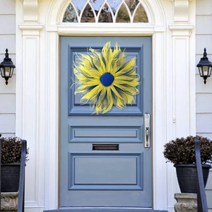 50cm yellow and blue sunflower mesh wreath for front door decor in Ukraine flag colors