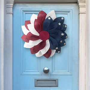 Patriotic 48cm red white and blue burlap wreath with stars for front door decoration