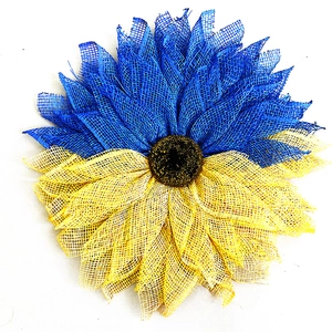 Gelb-blauer Sonnenblumen-Wandkranz aus Netzband mit glitzerndem Kern für Türen