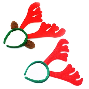 Set of red reindeer antler headbands with brown ears and green base for Christmas party