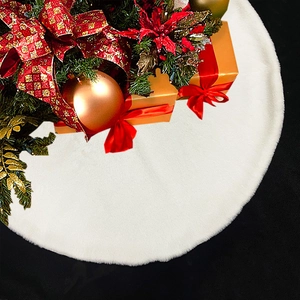 Plush white faux fur Christmas tree skirt for holiday base decoration and floor cover